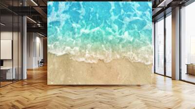 Close-Up of Blue Summer Water Wave Tide and Sea Foam Washing Up on Ocean Beach Shore Sand Texture Background, Panoramic from Directly Above Wall mural