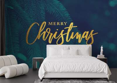 Gold Merry Christmas Christmas Calligraphy Script with Tree Evergreen Background Wall mural