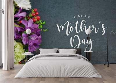 Happy Mother's Day Calligraphy Text with Beautiful Flowers Bouquet and Black Texture Background Wall mural