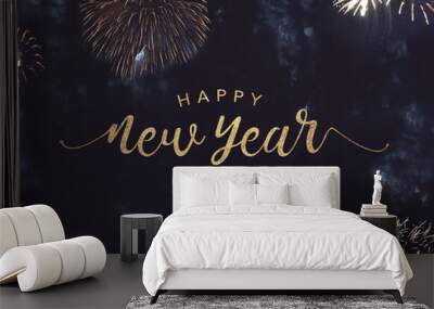 Happy New Year Celebration Text with Festive Gold Fireworks Collage in Night Sky Wall mural