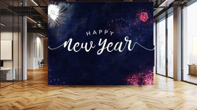 Happy New Year Typography with Fireworks in Night Sky Wall mural