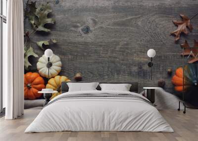 Thanksgiving season still life with colorful small pumpkins, acorn squash, soft blanket and fall leaves over rustic wooden background Wall mural