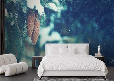 Winter Fir Branches and Pine Cones Covered With Falling Snowflakes, Horizontal Wall mural