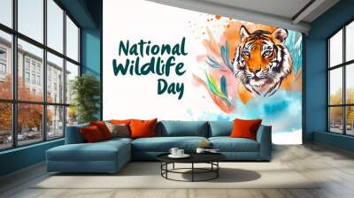  National Wildlife Day watercolor tiger art, vibrant illustration, conservation awareness, nature protection, colorful wildlife poster design, environmental advocacy Wall mural