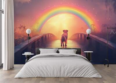 A beloved dog walks over a rainbow bridge during a serene sunset in a peaceful meadow, evoking memories and love. Rainbow Bridge Remembrance Day Wall mural