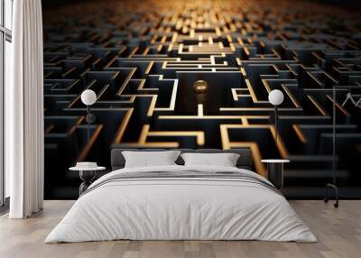 A conceptual image of a complex maze with golden edges and a central glowing sphere, symbolizing challenge and solution. Wall mural