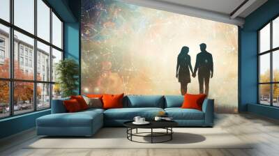 A couple holds hands against a soft starry background, symbolizing love and connection in a dreamlike setting Wall mural