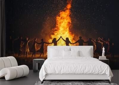 A group of people holding hands around a large bonfire on a starry night Wall mural