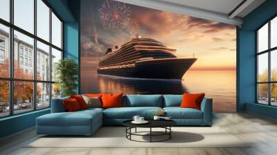 A luxury cruise ship adorned with festive New Year lights sails through a calm ocean at sunset with fireworks in the sky Wall mural