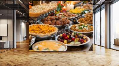 A multicultural Thanksgiving potluck featuring dishes from around the world in a warm, inviting atmosphere Wall mural