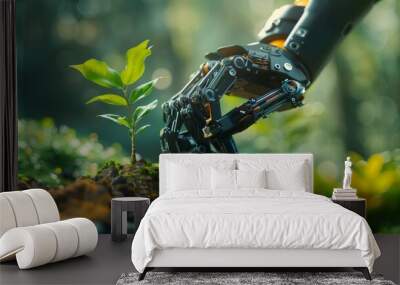 A robotic hand carefully plants a young tree in a lush forest, showcasing the fusion of technology and nature for environmental sustainability Wall mural