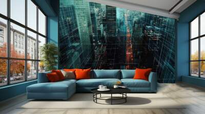 Aerial view of a futuristic cityscape enhanced by digital grid lines for smart urban planning and management Wall mural