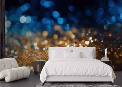 Christmas holidays blue and gold festive background with shine glitter. Christmas New year winter holidays blue Background with Golden Glitter bokeh selective focus Wall mural