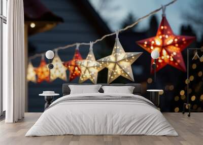 Christmas Stars Lanterns decorative light garland for house decor. Magic Star cut-out paper hanging lantern. Christmas decoration sweden style red star pendant lights bulb in carton case. Wall mural