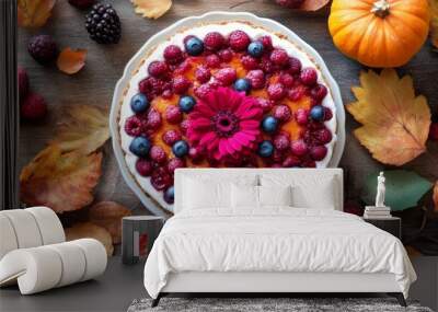 Colorful Thanksgiving dessert featuring floral flavors and seasonal fruits on a rustic table Wall mural