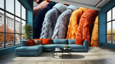 Cozy comfort fashion wardrobe Autumn 2023, What To Wear This Fall. Many autumn colors warm knitwear sweater, knitted clothes hanging on hangers in the closet. Wall mural