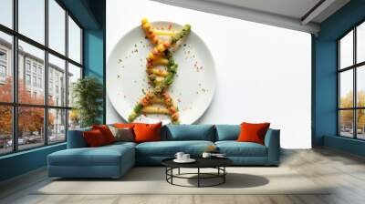 DNA helix formed from healthy food on plate, precision diet planning, personalized health, bio-individuality, data-driven nutrition trends Wall mural