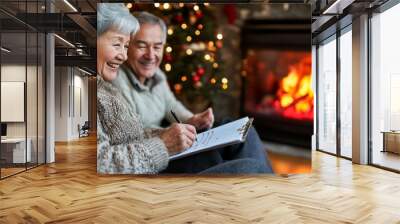 Elderly couple making New Year resolutions together by the warm fireplace with holiday decorations and a twinkling Christmas tree in their cozy living room Wall mural