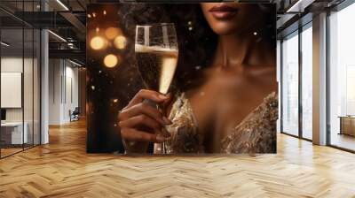 Elegant Evening Gown and Champagne Toast. A woman's hand holding champagne glass, featuring sparkling ring and a glittering dress, evokes a sense of luxury and celebration. Wall mural