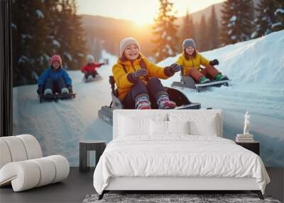 Friends with disabilities enjoy a day of adaptive sledding on a snowy hill at sunset with breathtaking mountain views Wall mural