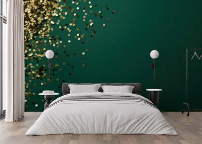 Golden and green confetti background. New years Christmas gold green background with copy space Wall mural