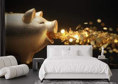 Golden piggy bank spewing metallic coins in a dazzling display of wealth and savings Wall mural