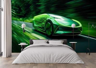 Green eco-friendly Hydrogen, Hybrid or Electric Car Vehicles in future. Green modern futuristic car future transportation in motion. AI generative Wall mural