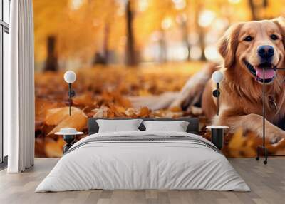 Happy golden retriever dog on Autumn nature background, wide web banner. Autumn activities for dogs. Fall Care Advice For Dogs. Preparing dog for walks in autumn and fireworks. Wall mural