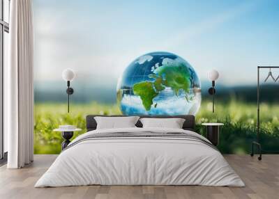 International Day for the Preservation of the Ozone Layer. World Ozone Day. Ozone layer protection. Crystal ball hyper-realistic earth on blue sky and green grass background Wall mural