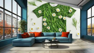 Nature-inspired T-shirt with grass and daisy pattern. Sustainable fashion, eco-friendly design, nature-themed clothing, green style, environmental awareness Wall mural