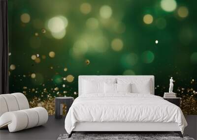 New years Christmas gold green background with copy space. Christmas teal green and golden abstract glitter bokeh background. Selective focus Wall mural