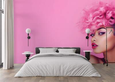 Pink fashion trendy portrait of African American woman with short curly pink hair. Wide web banner. Stylish modern fashionable trendy girl with short pink hair on pink background, fashion doll, Wall mural