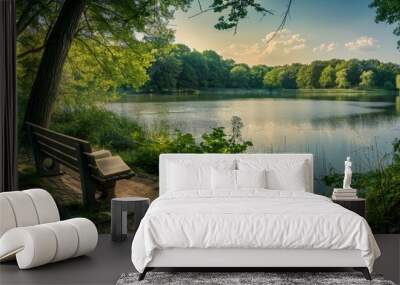 Serene Lakeside Retreat with Open Bible on Bench Wall mural