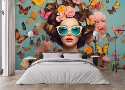 Surreal fashion portrait of a beautiful woman with butterflies and flowers in her hair. Stylish woman with flowers and butterflies around her head, beauty and make-up concept Wall mural