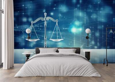 Unbiased artificial intelligence, Scales of Justice in Digital World Concept. Digital illustration Scales on futuristic blue data network background. Fairness and equality in ethical AI systems Wall mural