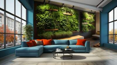 Vertical gardens at home room. Living green wall in modern interior design. DIY vertical garden ideas for home garden. AI generative Wall mural