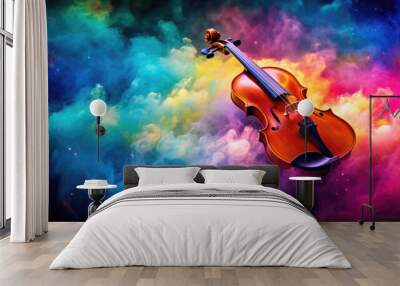 World music day banner with violin on abstract colorful dust background. Music day event and musical instruments colorful design Wall mural