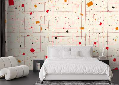 Abstract geometric pattern with festive confetti in red, orange, and black Wall mural