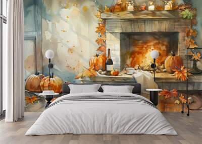 Watercolor painting of a cozy autumn fireplace scene with pumpkins, leaves, and candles Wall mural