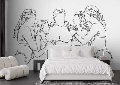 men surrounded by many sexy women. continuous one line drawing style. wearing swimwear, beach atmosphere. isolated on white background. vector illustration. Wall mural