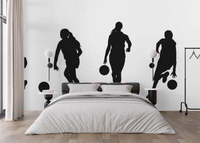 set of silhouettes of female basketball players with different poses, gestures. isolated on white background. vector illustration. Wall mural