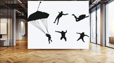 Skydiving set silhouettes. Skydiver, parachute, extreme sport. Different pose, gesture. Isolated background. Vector illustration. Wall mural