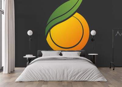 Abstract bright taste fruit citrus orange logo with green leaf sign.Design template fresh icon,juice concentrate symbol from curved lines.Print for pattern textile fabric.Vector isolated illustration Wall mural