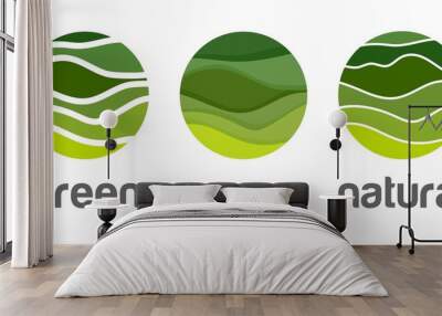 Abstract green logo vector icon,nature sign organic technology food and cosmetology.Design template symbol eco bio engineering, natural product.Illustration nature Green wave background hill landscape Wall mural