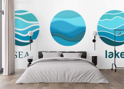 Sea waves, ocean, lake, river flow, water abstract vector pattern logo blue. Logo template, sticker, badge, icon, pictogram for tourism, voyage, cruise travel. Vector collection. Wall mural