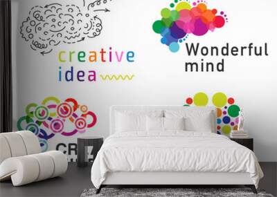 Set of colorful vector illustrations with a stylized image of the human brain on a white background. Creative design of the logo or icon of the brain, consisting of multicolor circles, dots, lines. Wall mural