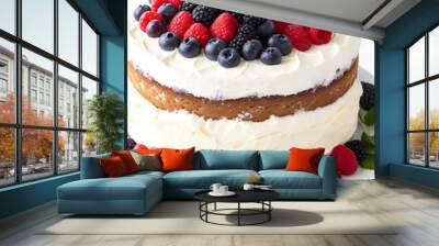 cake with cream, berries and blueberry Wall mural