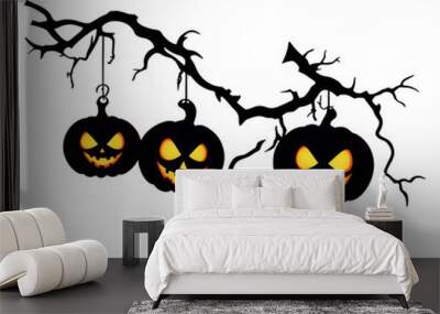 dark halloween pumpkins hanging on branches isolated on white or transparent background Wall mural