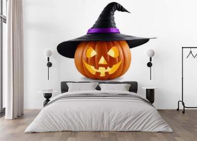 halloween pumpkin with witch hat, isolated on white background  Wall mural