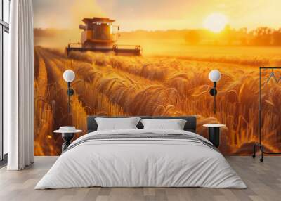 Harvester machine working in golden wheat field during sunset
 Wall mural